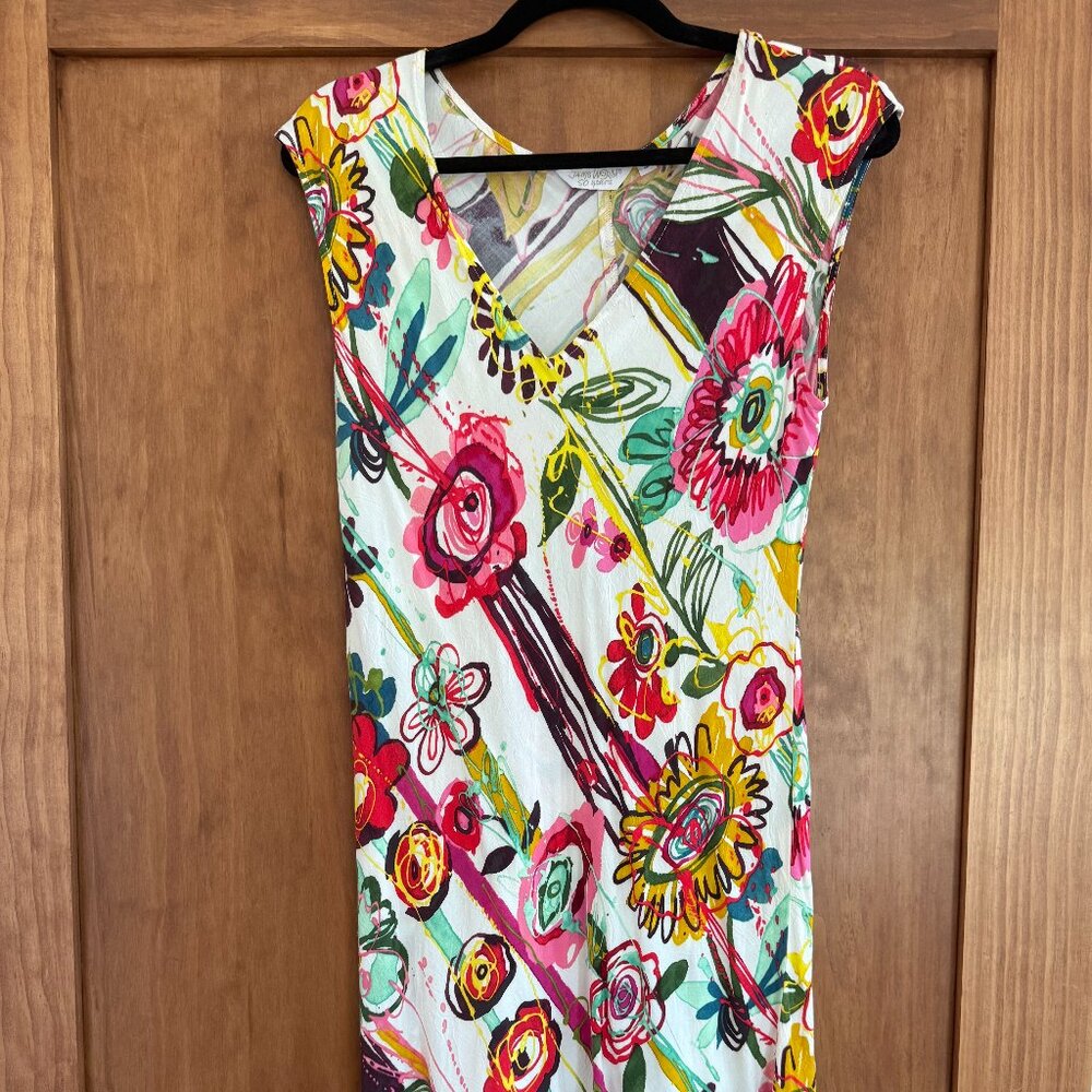Jams World Multicolor Floral V-Neck Dress — White, Pink, Yellow, Green, Teal